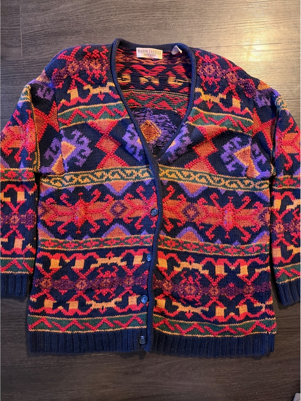 Vintage 90s Marsh Landing Hand Knits Geometric Cardigan L